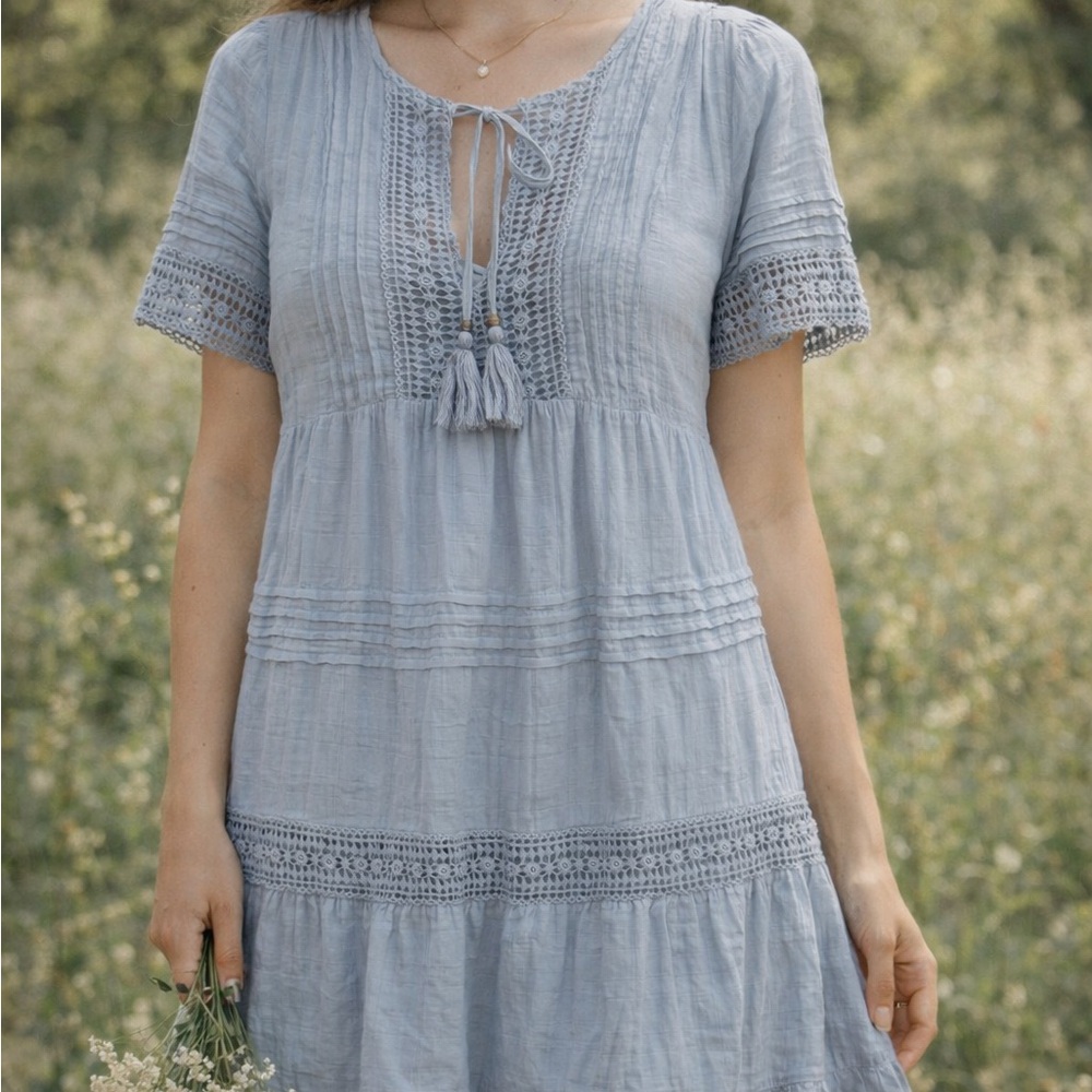 Jolt Blue Cotton Boho Dress M Cottagecore Lace Tie Front Bohemian Lagenlook